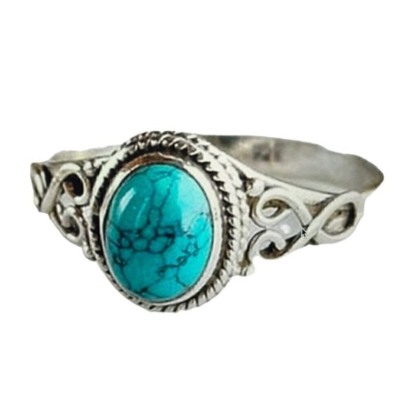 Fashion Oval Hollow Out Inlay Turquoise Women's Ring, Size 9 - Picture 3 of 4